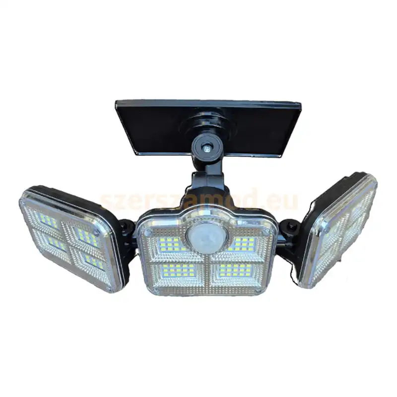 LED lámpa mozgásérzékelővel + távirányító, állítható világító fejekkel és napelemmel